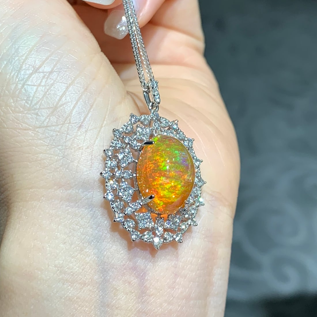 14k Gold 9.71 Ctw Natural Opal & Diamond Pendant( Without Chain ) - 3