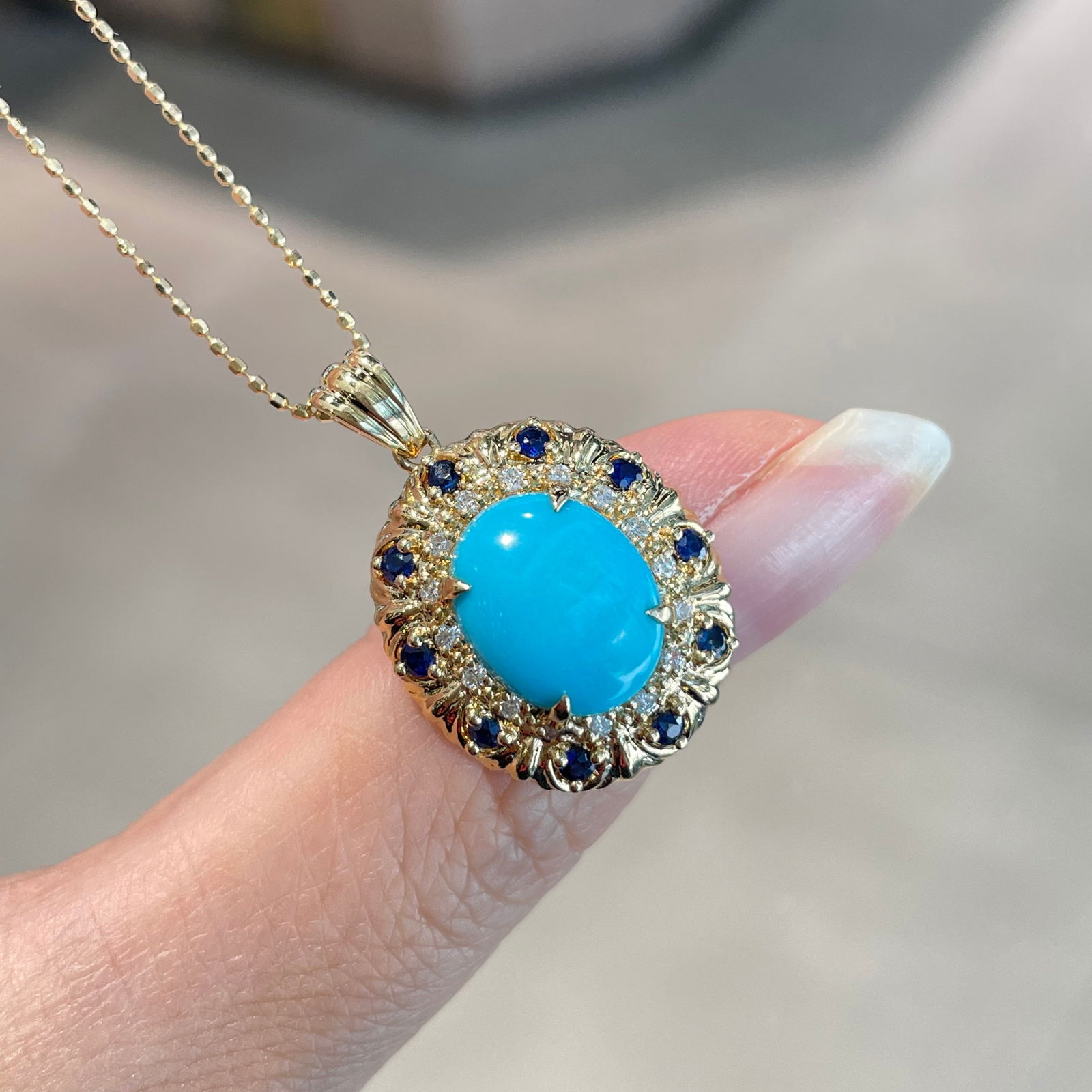 14k Gold 3 Ct Natural Blue Turquoise & Sapphire & Diamond Pendant( Without Chain ): Ref:231118398 // gold content:14k gold // main gemstone:blue turquoise // shape:oval // carat weight:3ct // color:blue // treatment:natural // // adjacent gemstone 2 : sapphire // shape:round //