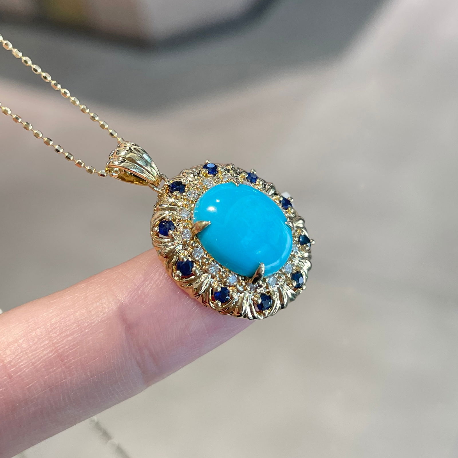 14k Gold 3 Ct Natural Blue Turquoise & Sapphire & Diamond Pendant( Without Chain ) - 3