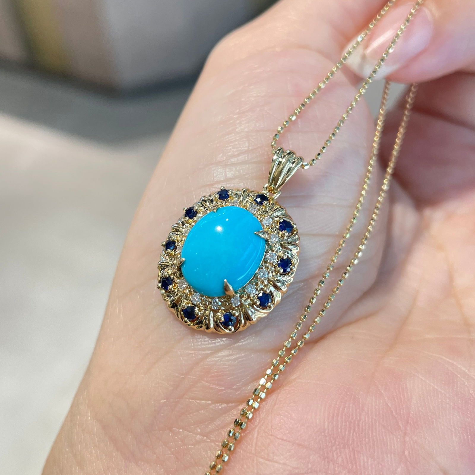 14k Gold 3 Ct Natural Blue Turquoise & Sapphire & Diamond Pendant( Without Chain ) - 4