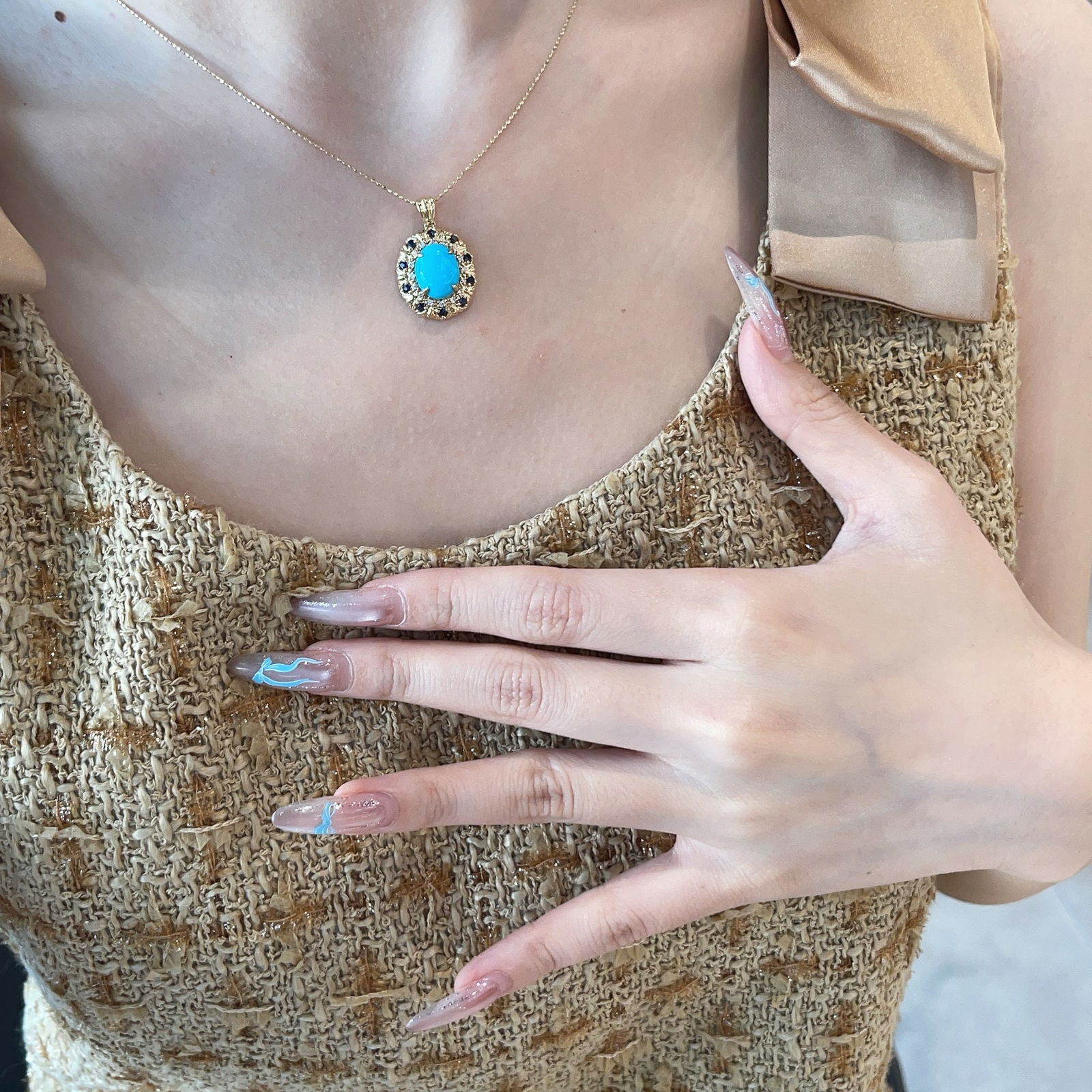 14k Gold 3 Ct Natural Blue Turquoise & Sapphire & Diamond Pendant( Without Chain ) - 5