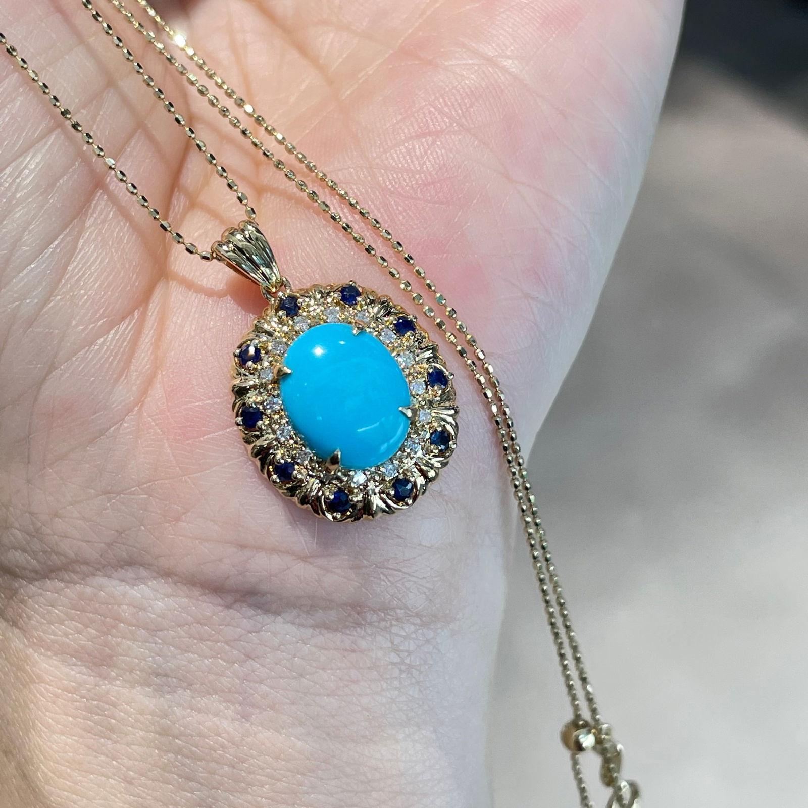 14k Gold 3 Ct Natural Blue Turquoise & Sapphire & Diamond Pendant( Without Chain ) - 8