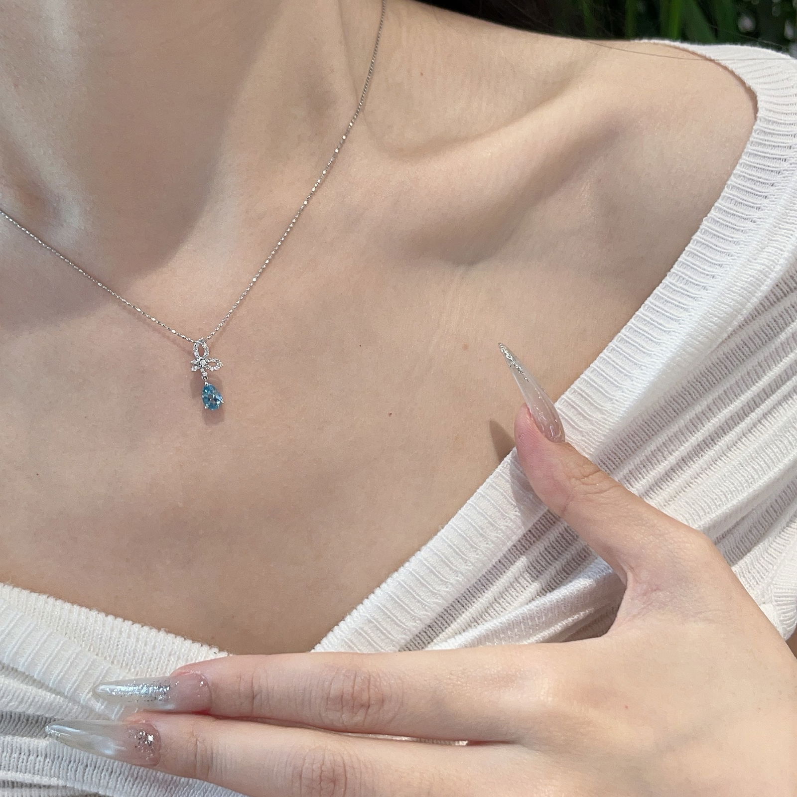 14k Gold 0.40 Ct Natural Aquamarine & Diamond Pendant( Without Chain ) - 2