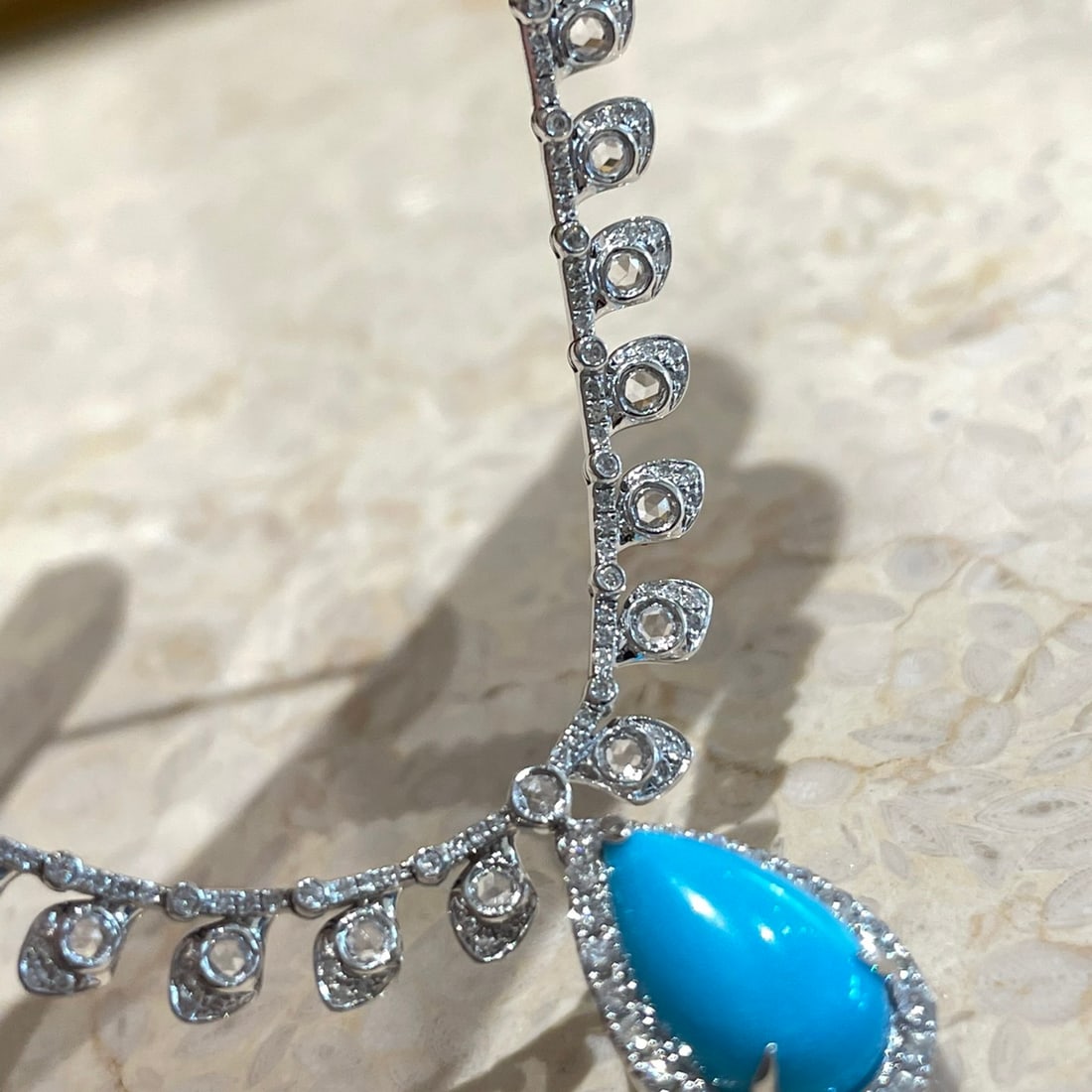 14k Gold 2.4 Ct Natural Blue Turquoise & Diamond & Sapphire Necklace - 2