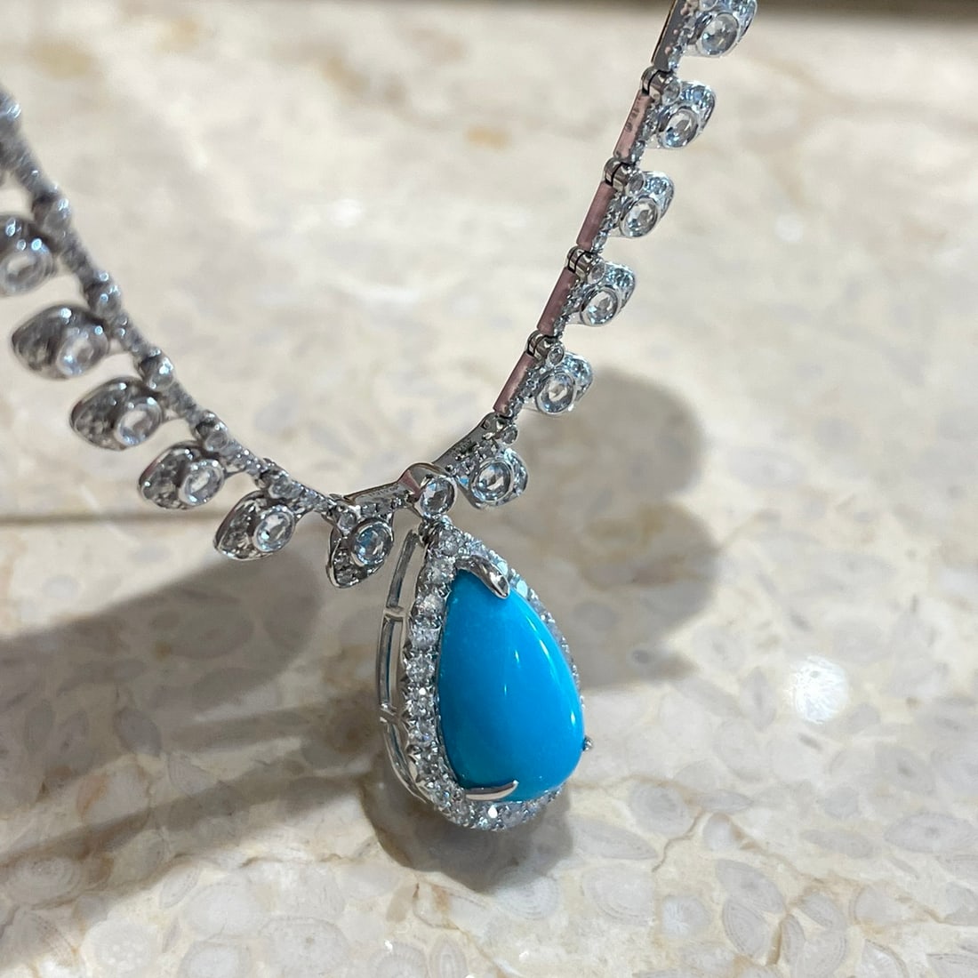 14k Gold 2.4 Ct Natural Blue Turquoise & Diamond & Sapphire Necklace - 3