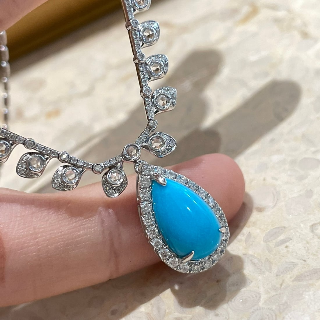 14k Gold 2.4 Ct Natural Blue Turquoise & Diamond & Sapphire Necklace - 4