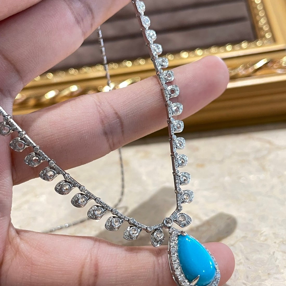 14k Gold 2.4 Ct Natural Blue Turquoise & Diamond & Sapphire Necklace - 5