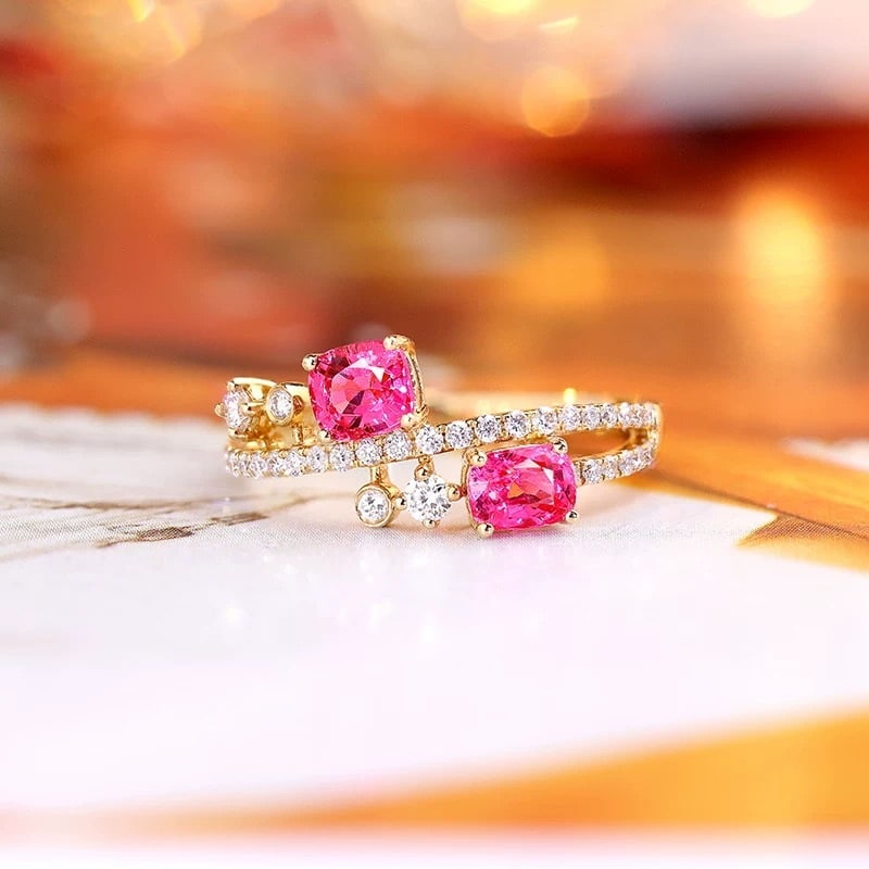 14k Gold 1.20 Ctw Natural Spinel & Diamond Ring: Ref:230909071 // gold content:14k gold // ring size:7. 25us // // main gemstone:spinel // shape:cushion // carat weight:0. 87ct // color:pink // treatment:natural // // adjacent gemstone 2 : diamond /