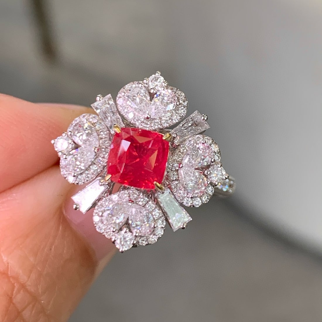 14k Gold 3.06 Ctw Natural Spinel & Diamond Ring/pendant( Without Chain ): Ref:230910211 // gold content:14k gold // ring size:7. 25us // // main gemstone:spinel // shape:cushion // carat weight:1. 56ct // color:red // treatment:natural // // adjacent gemstone 2 : diamond //