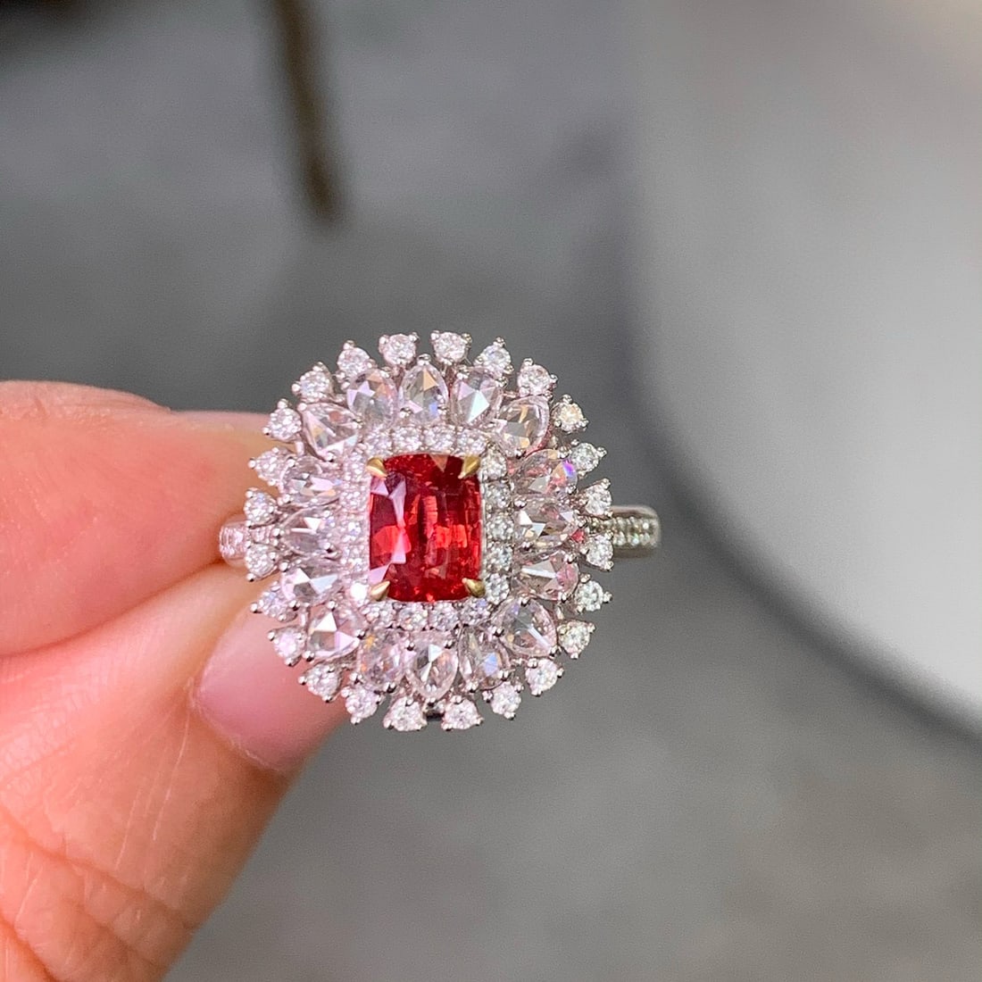 14k Gold 2.20 Ctw Natural Spinel & Diamond Ring/pendant( Without Chain ): Ref:230912159 // gold content:14k gold // ring size:7. 25us // // main gemstone:spinel // shape:cushion // carat weight:1. 04ct // color:red // treatment:natural // // adjacent gemstone 2 : diamond //