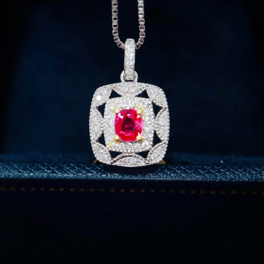 14k Gold 0.51 Ctw Natural Spinel & Diamond Pendant( Without Chain ): Ref:230915211 // gold content:14k gold // main gemstone:spinel // shape:cushion // carat weight:0. 31ct // color:red // treatment:natural // // adjacent gemstone 2 : diamond // shape:round // carat we