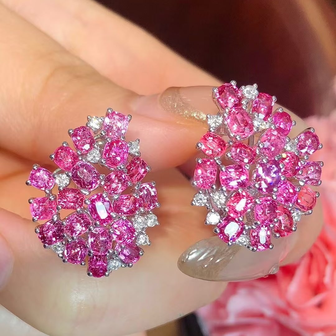 14k Gold 7.57 Ctw Natural Spinel & Diamond Earrings: Ref:230923171 // gold content:14k gold // main gemstone:spinel // shape:multiply // carat weight:7. 26ct // color:pink // treatment:natural // // adjacent gemstone 2 : diamond // shape:round // carat