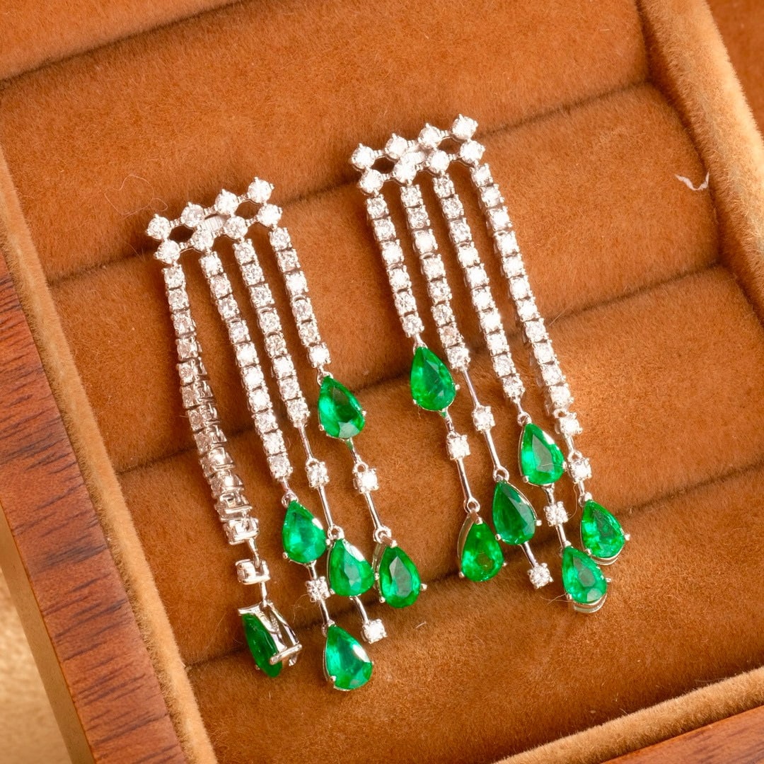 14k Gold 2.3 Ct Vivid Green Natural Emerald & Diamond Earrings - 2