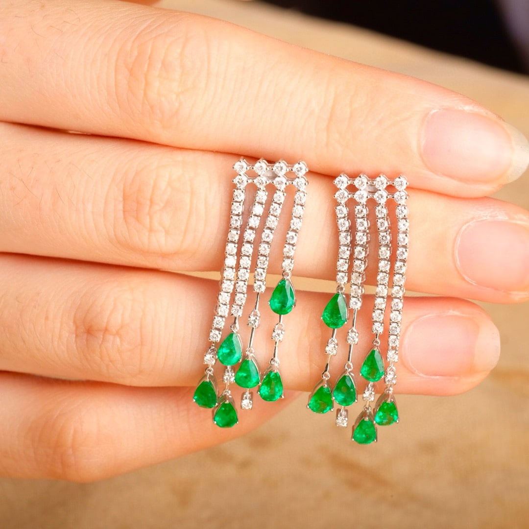 14k Gold 2.3 Ct Vivid Green Natural Emerald & Diamond Earrings - 3