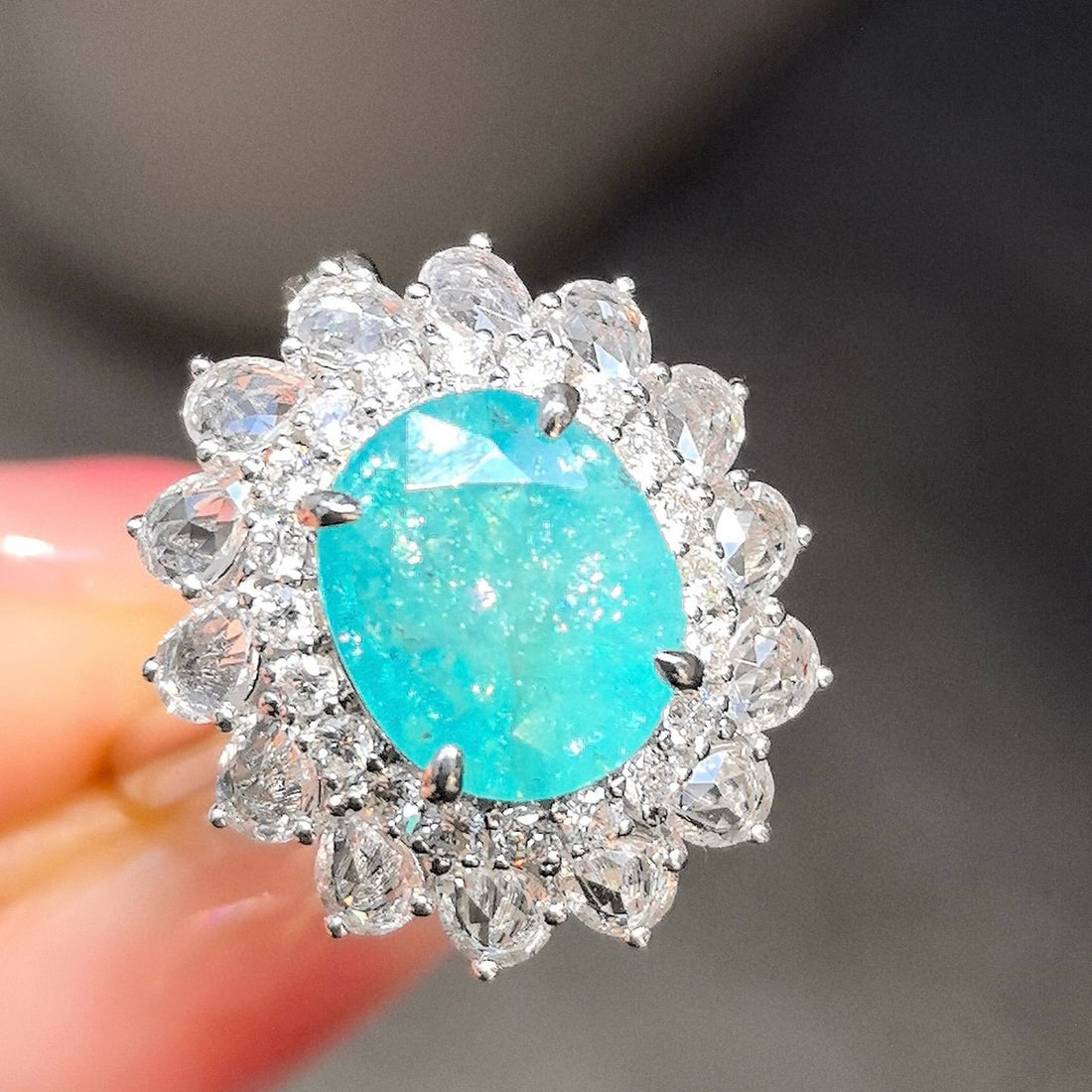 14k Gold 3.32 Ctw Natural Paraiba Tourmaline & Diamond Ring/pendant( Without Chain ): Ref:230975016 // gold content:14k gold // ring size:7. 25us // // main gemstone:paraiba tourmaline // shape:oval // carat weight:2. 98ct // color:blue // treatment:natural // // adjacent gemstone 2 :