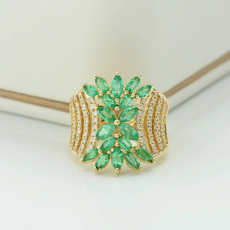 14k Gold 2.15 Ctw Natural Emerald & Diamond Ring: Ref:230975033 // gold content:14k gold // ring size:7. 25us // // main gemstone:emerald // shape:marquise // carat weight:1. 61ct // color:green // treatment:natural // // adjacent gemstone 2 :