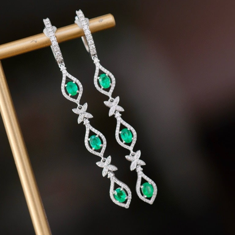 14k Gold 1.5 Ctw Natural Emerald & Diamond Earrings - 4