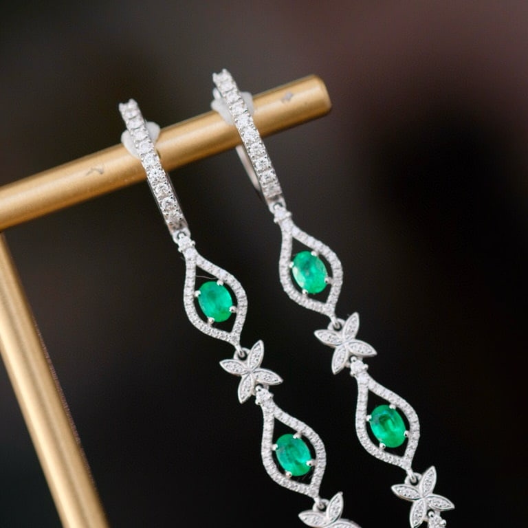 14k Gold 1.5 Ctw Natural Emerald & Diamond Earrings - 5