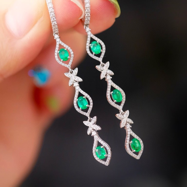 14k Gold 1.5 Ctw Natural Emerald & Diamond Earrings - 6