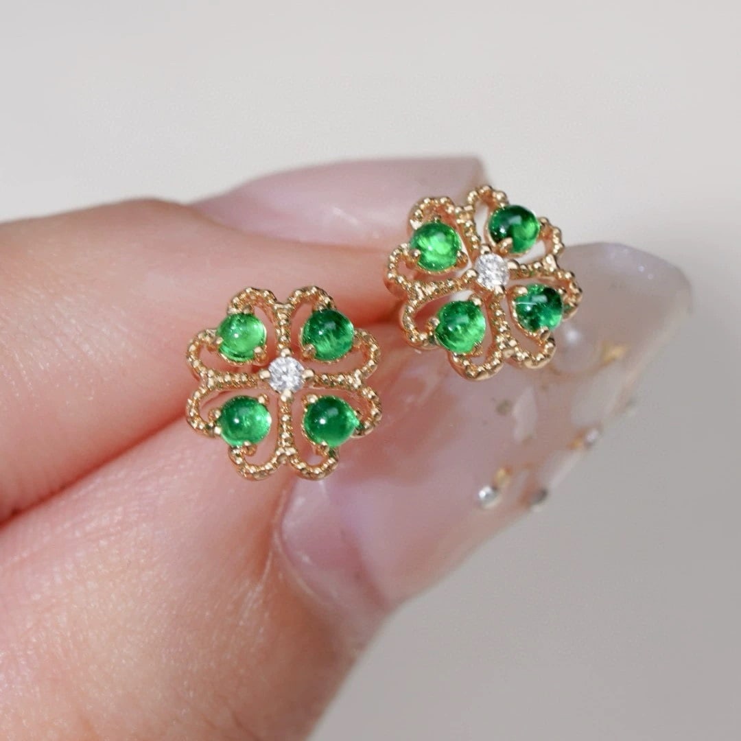 14k Gold 0.42 Ctw Natural Emerald & Diamond Earrings - 2