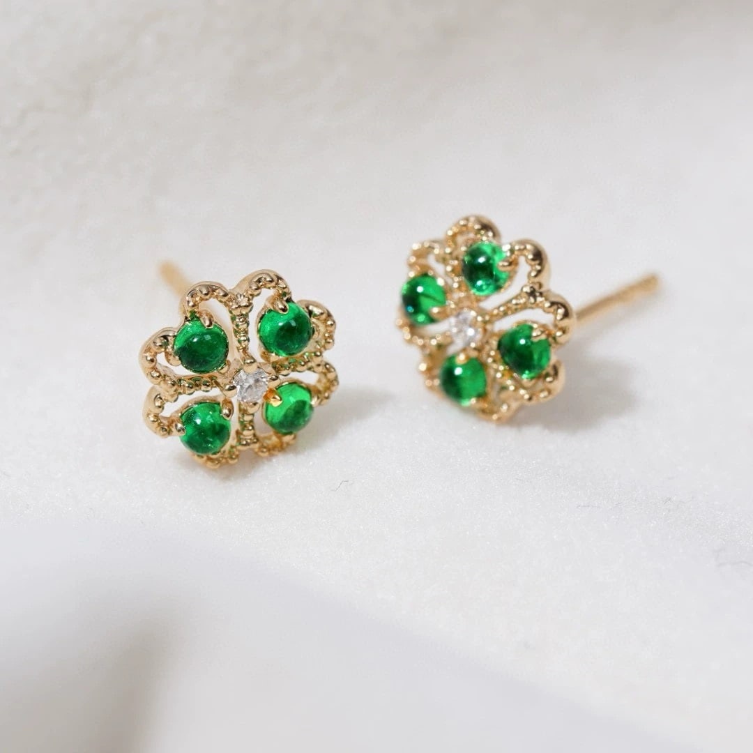 14k Gold 0.42 Ctw Natural Emerald & Diamond Earrings - 3
