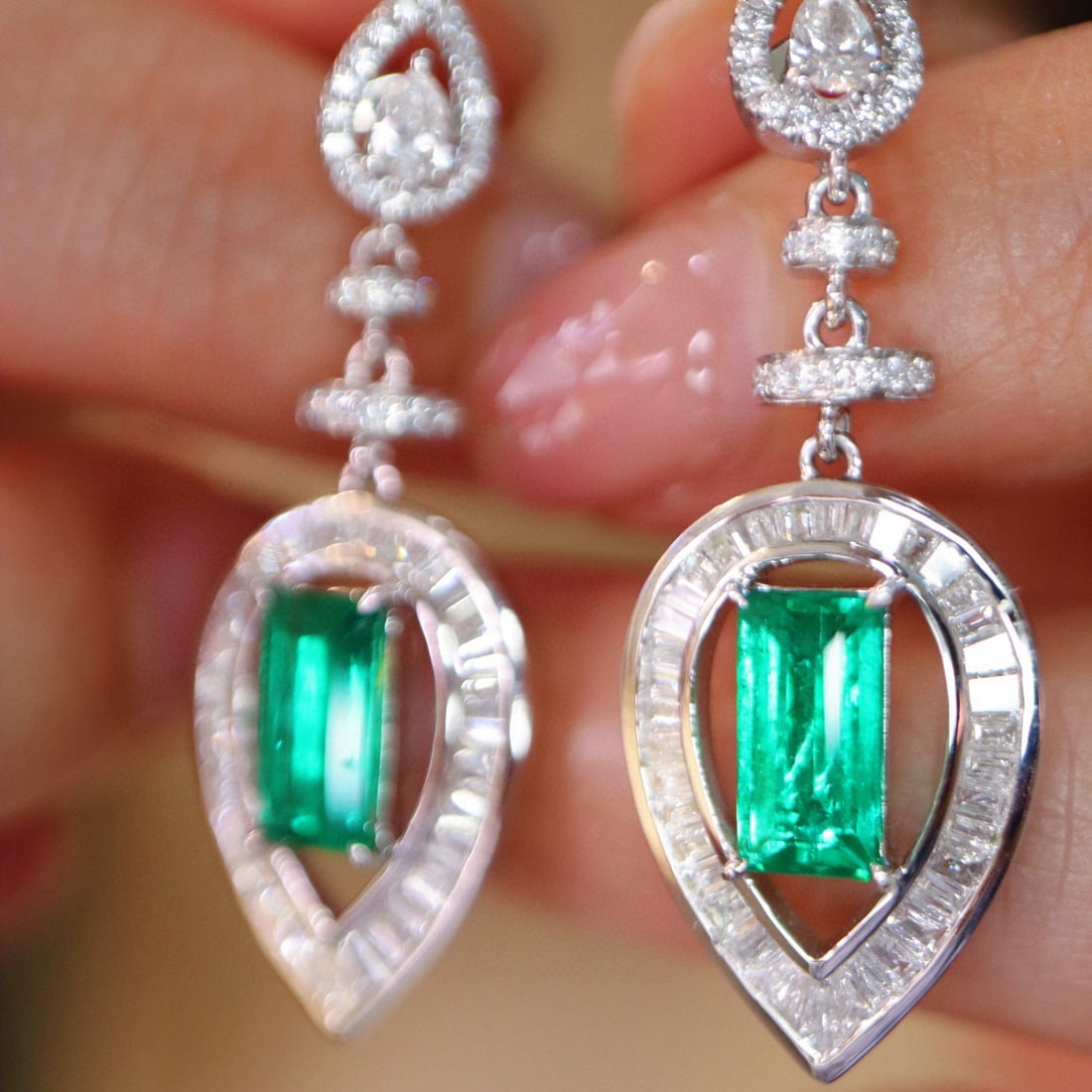 14k Gold 3.00 Ctw Vivid Green Natural Emerald & Diamond Earrings - 2