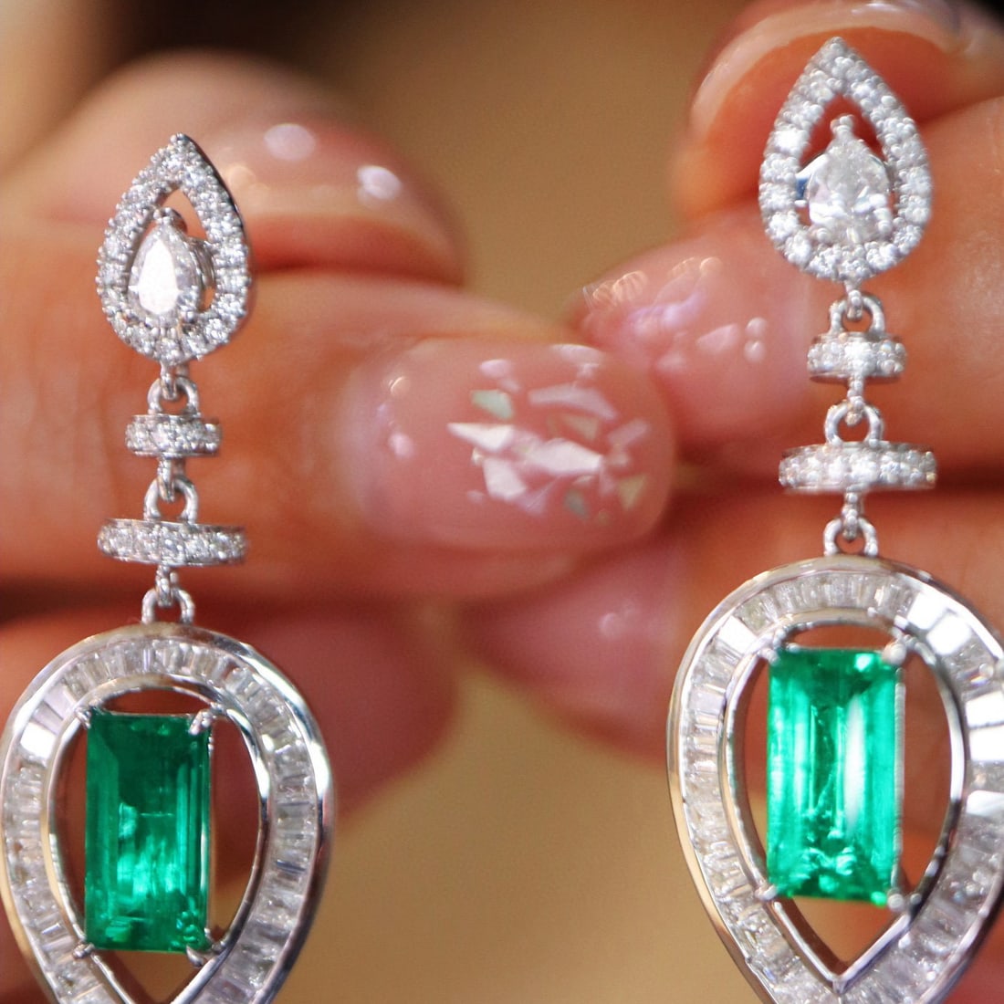 14k Gold 3.00 Ctw Vivid Green Natural Emerald & Diamond Earrings - 4