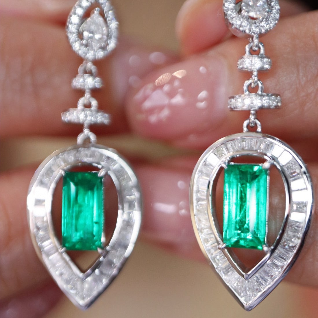 14k Gold 3.00 Ctw Vivid Green Natural Emerald & Diamond Earrings - 6
