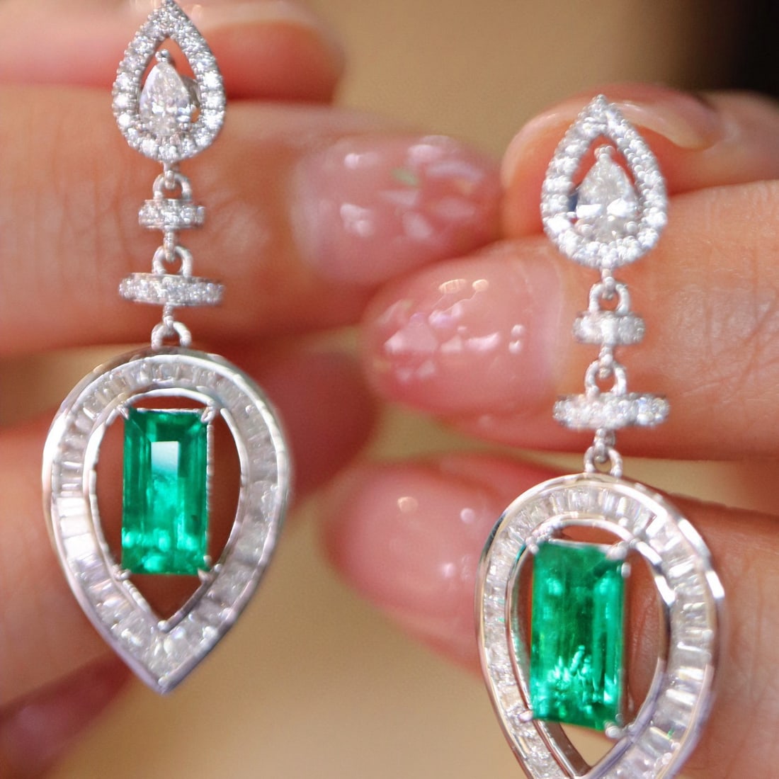 14k Gold 3.00 Ctw Vivid Green Natural Emerald & Diamond Earrings - 8
