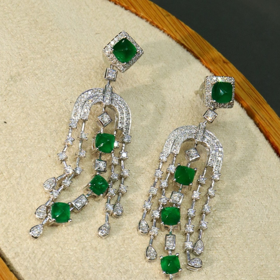 14k Gold 3.70 Ctw Vivid Green Natural Emerald & Diamond Earrings - 6