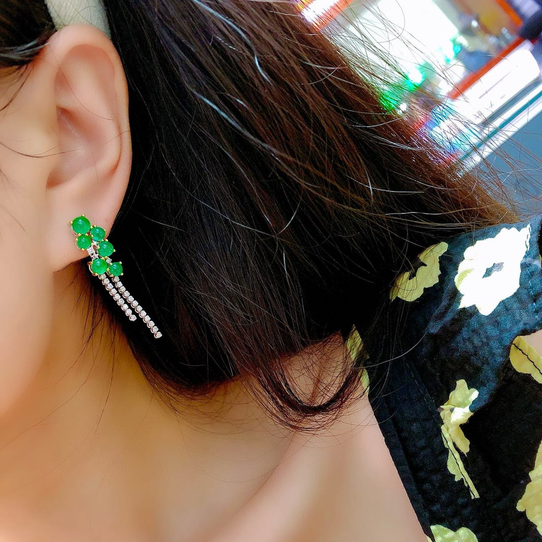 14k Gold 4.15 Ct Vivid Green Natural Emerald & Diamond Earrings - 4