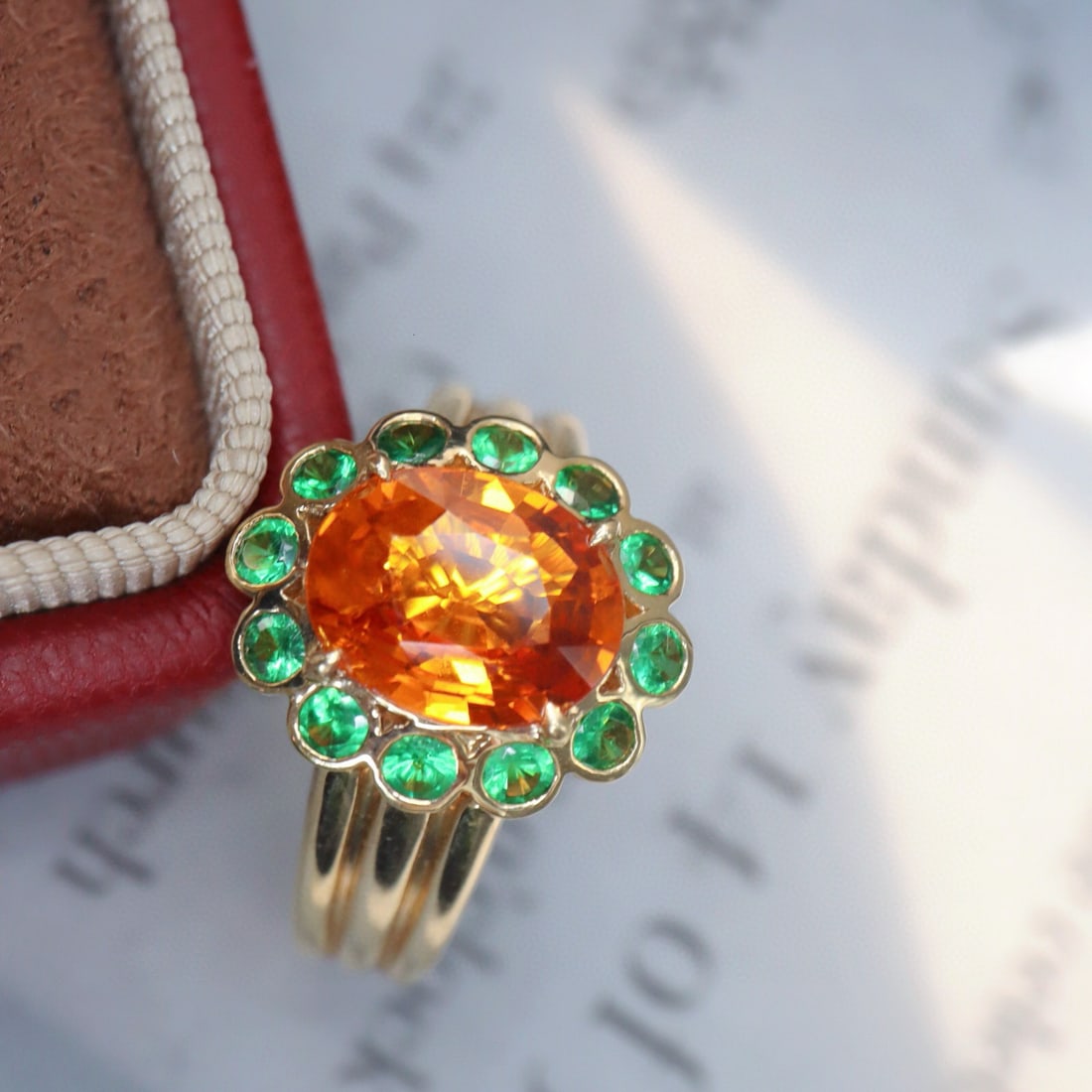 14k Gold 2.14 Ct Natural Spessartine & Tsavorite Ring: Ref:230975122 // gold content:14k gold // ring size:7. 25us // // main gemstone:spessartine // shape:oval // carat weight:2. 14ct // color:orange // treatment:natural // // adjacent gemstone 2 :