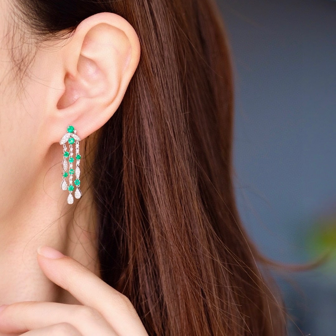 14k Gold 1.2 Ct Natural Emerald & Diamond Earrings - 2