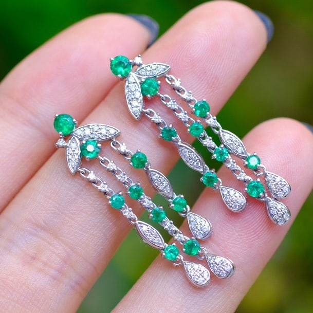 14k Gold 1.2 Ct Natural Emerald & Diamond Earrings - 3