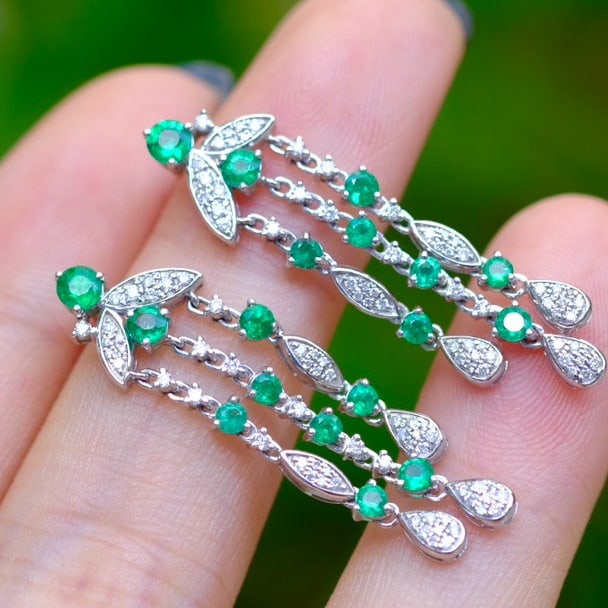 14k Gold 1.2 Ct Natural Emerald & Diamond Earrings - 4