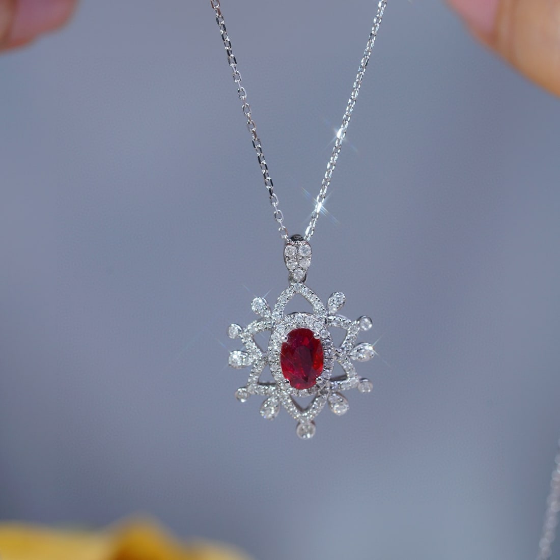 14k Gold 0.85 Ctw Vivid Red Natural Ruby & Diamond Necklace: Ref:230975224 // gold content:14k gold // main gemstone:ruby // shape:oval // carat weight:0. 55ct // color:vivid red // treatment:natural // // adjacent gemstone 2 : diamond // shape:round //
