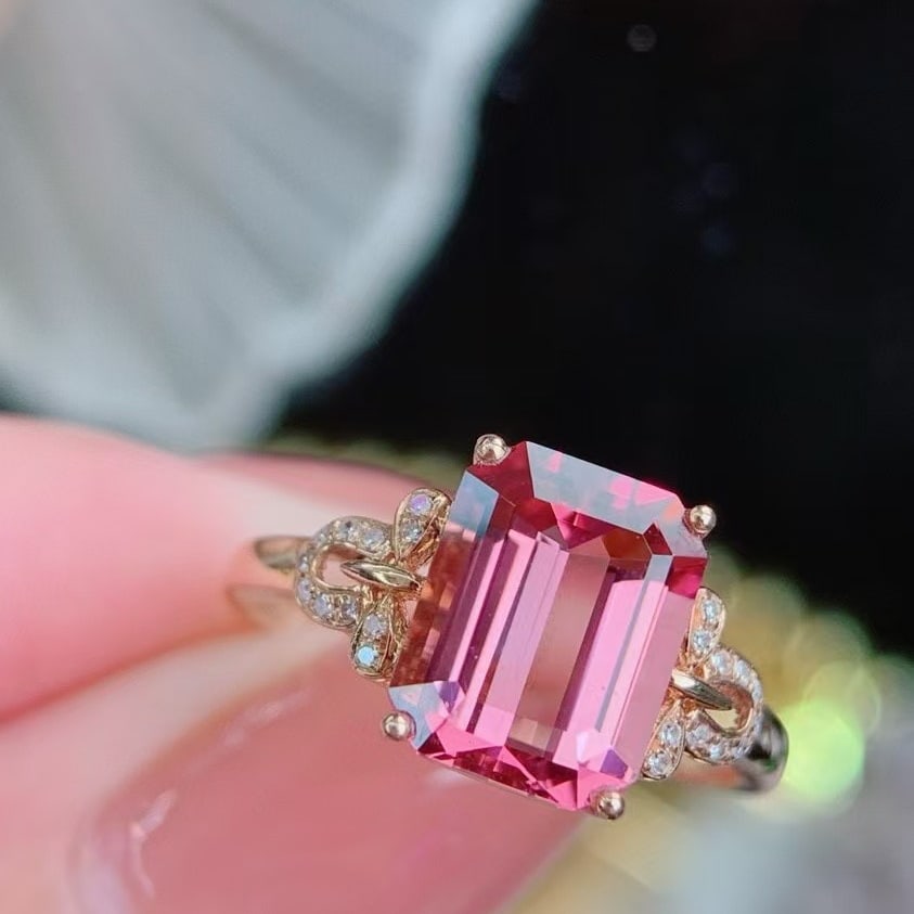 14k Gold 2.65 Ct Natural Tourmaline & Diamond Ring: Ref:230975228 // gold content:14k gold // ring size:7. 25us // // main gemstone:tourmaline // shape:octagonal // carat weight:2. 65ct // color:pink // treatment:natural // // adjacent gemstone 2 :