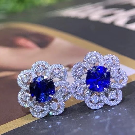 14k Gold 2.51 Ctw Natural Sapphire & Diamond Earrings: Ref:230975229 // gold content:14k gold // main gemstone:sapphire // shape:cushion // carat weight:1. 92ct // color:royal blue // treatment:natural // // adjacent gemstone 2 : diamond // shape:round