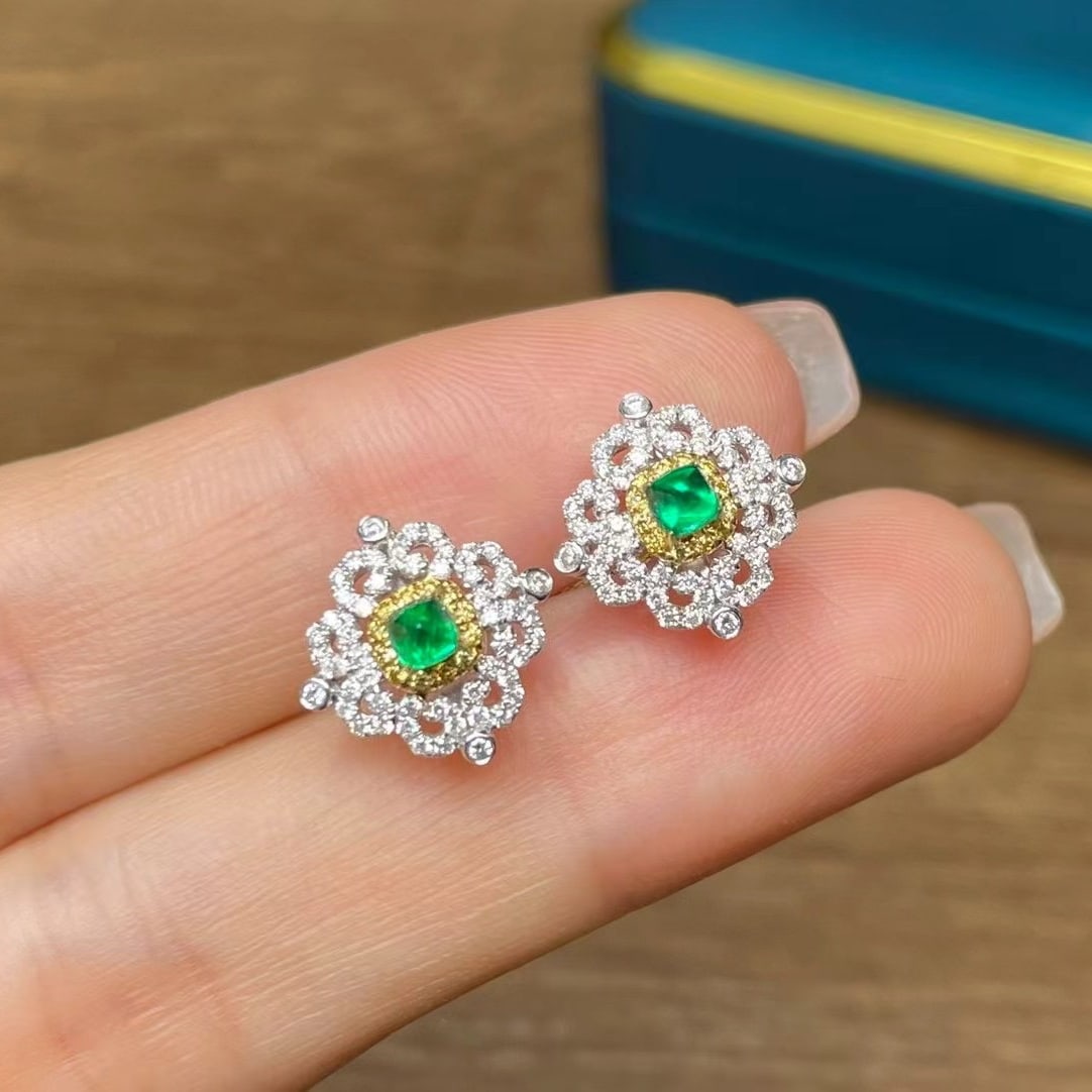 14k Gold 0.42 Ct Vivid Green Natural Emerald & Diamond Earrings - 3