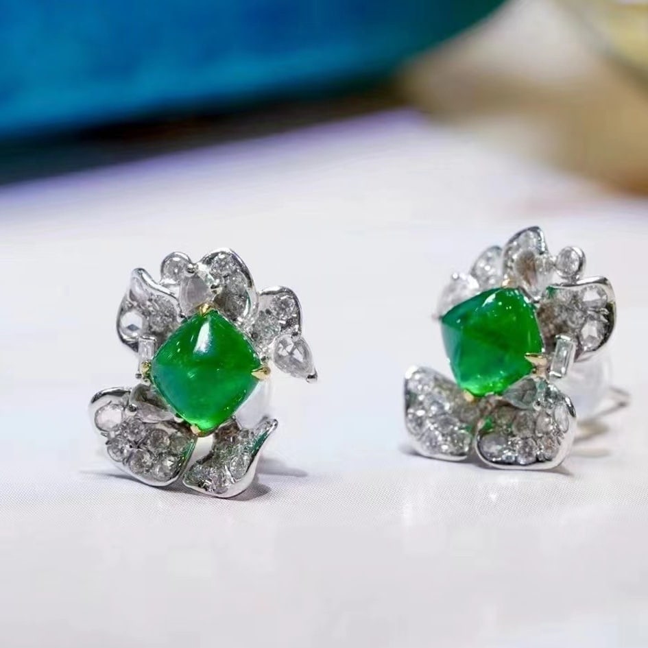 14k Gold 1.65 Ct Vivid Green Natural Emerald & Diamond Earrings - 2