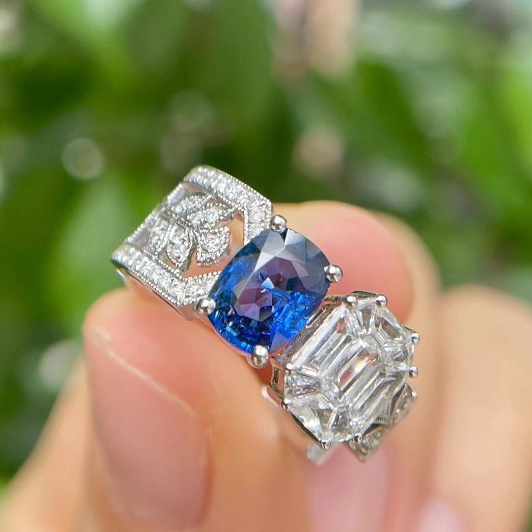 14k Gold 2.62 Ctw Natural Sapphire & Diamond Ring: Ref:230975248 // gold content:14k gold // ring size:7. 25us // // main gemstone:sapphire // shape:cushion // carat weight:1. 19ct // color:blue // treatment:natural // // adjacent gemstone 2 :