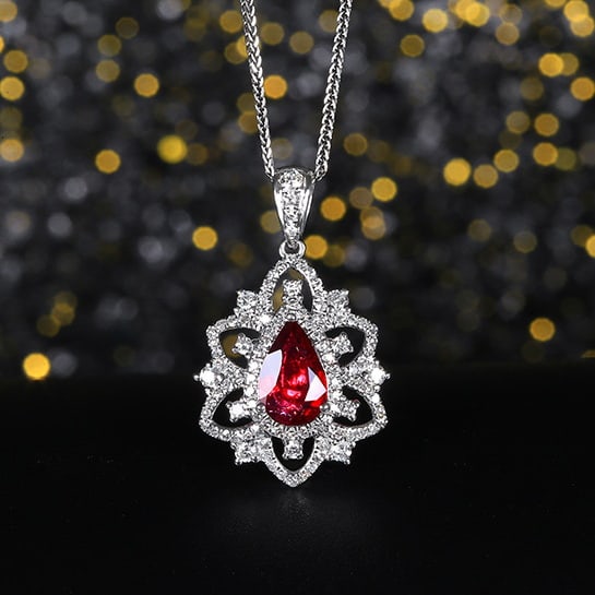 14k Gold 1.48 Ctw Natural Ruby & Diamond Pendant( Without Chain ): Ref:230976018 // gold content:14k gold // main gemstone:ruby // shape:pear // carat weight:1. 02ct // color:red // treatment:natural // // adjacent gemstone 2 : diamond // number of stones:104 //