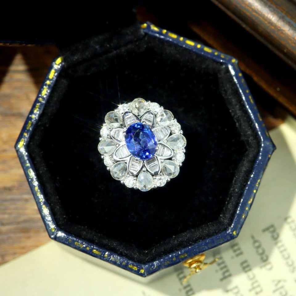 14k Gold 2.03 Ctw Natural Sapphire & Diamond Ring: Ref:230976080 // gold content:14k gold // ring size:7. 25us // // main gemstone:sapphire // shape:oval // carat weight:1. 03ct // color:blue // treatment:natural // // adjacent gemstone 2 :