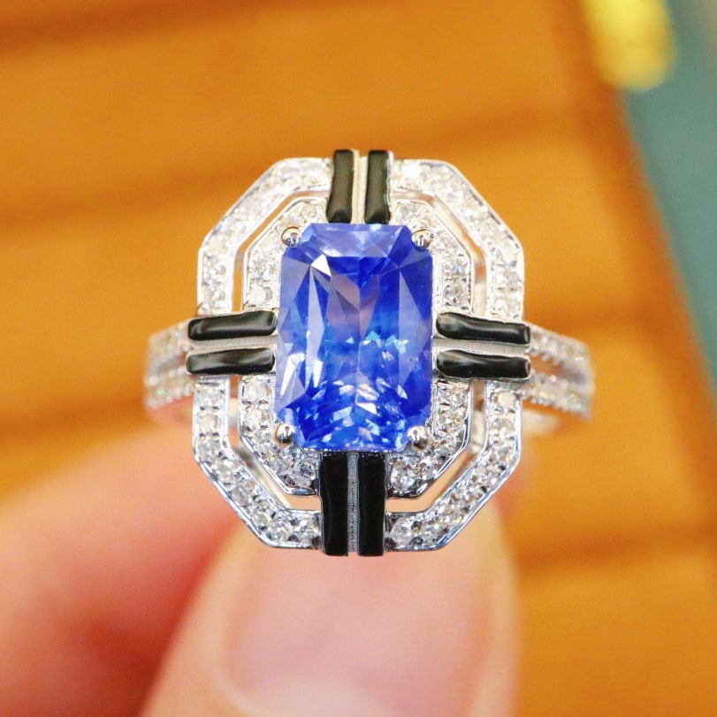 14k Gold 2.58 Ctw Natural Sapphire & Diamond Ring: Ref:230976127 // gold content:14k gold // ring size:7. 25us // // main gemstone:sapphire // shape:octagonal // carat weight:2. 16ct // color:cornflower blue // treatment:natural // // adjacent