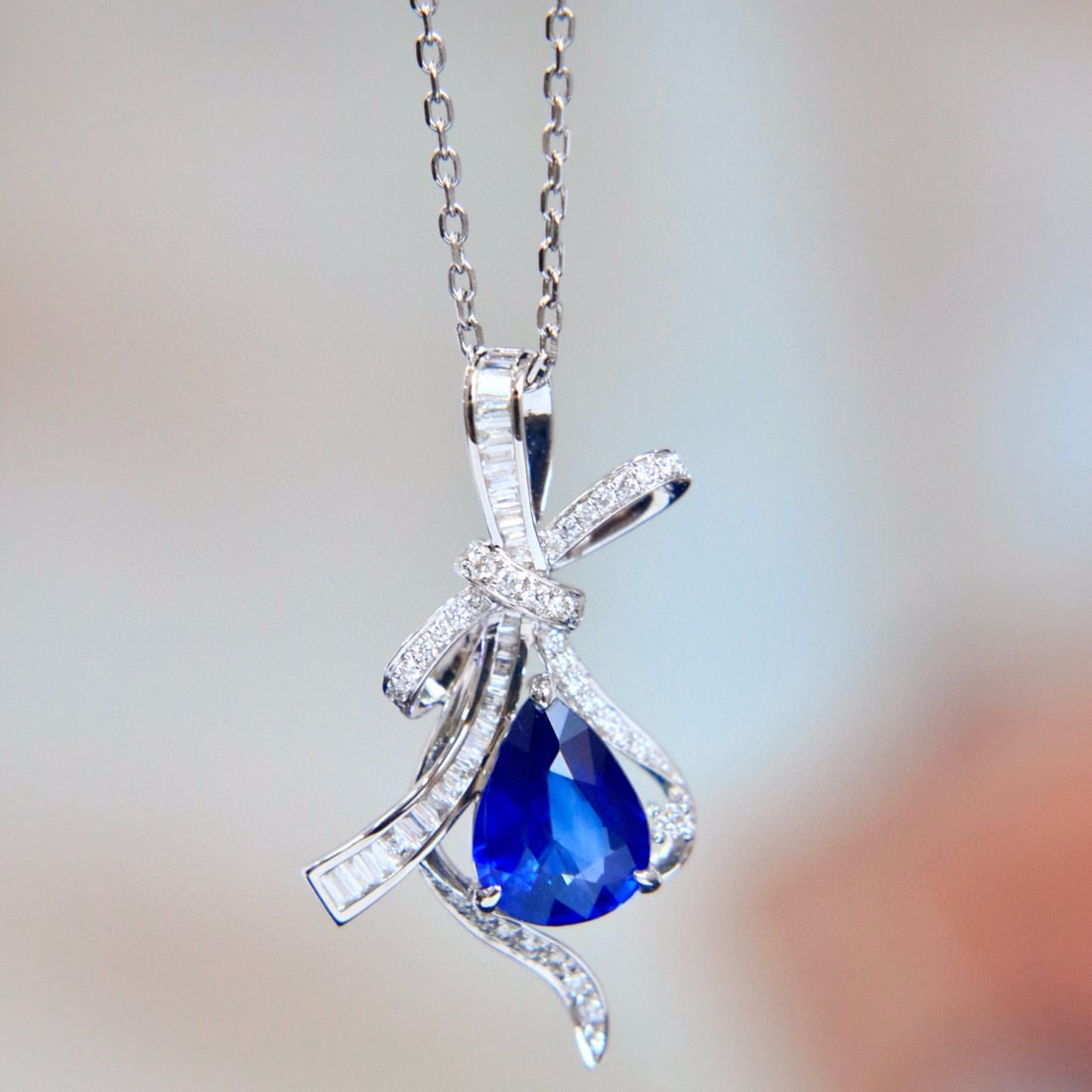 14k Gold 1.89 Ctw Natural Sapphire & Diamond Pendant( Without Chain ): Ref:230976129 // gold content:14k gold // main gemstone:sapphire // shape:pear // carat weight:1. 6ct // color:royal blue // treatment:natural // // adjacent gemstone 2 : diamond // shape:multiply