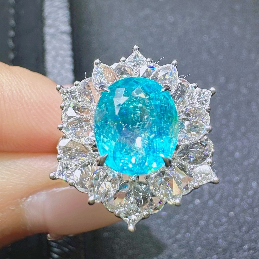 14k Gold 4.88 Ctw Natural Paraiba Tourmaline & Diamond Ring: Ref:230976165 // gold content:14k gold // ring size:7. 25us // // main gemstone:paraiba tourmaline // shape:oval // carat weight:3. 11ct // color:blue // treatment:natural // // adjacent gemstone 2 :