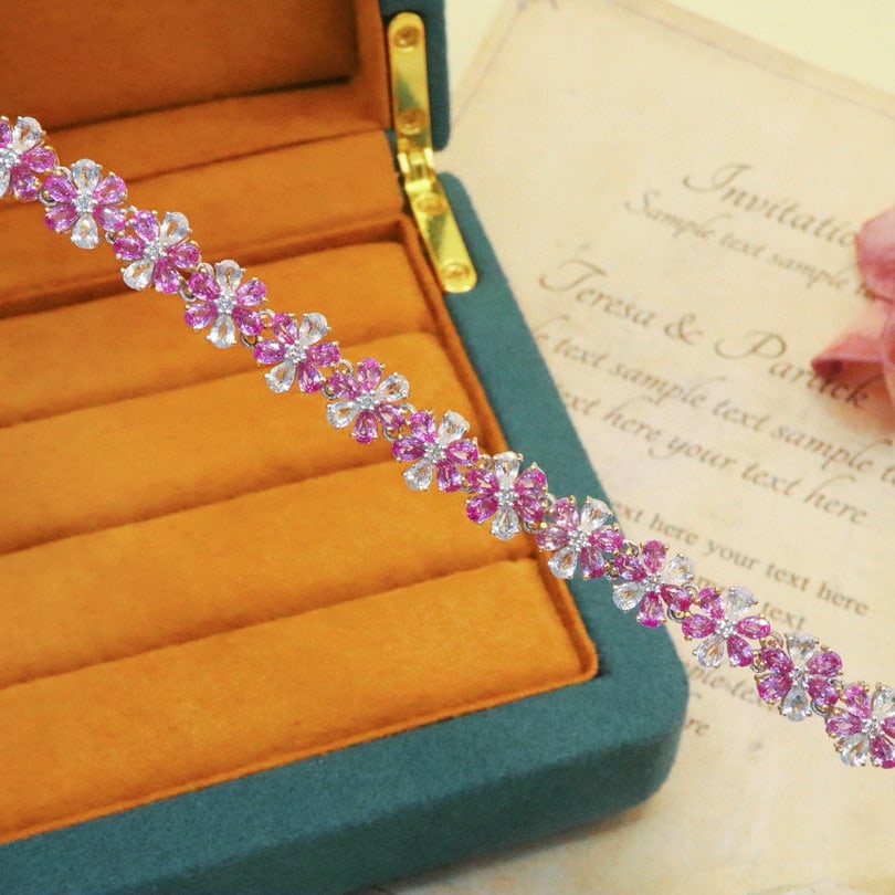 14k Gold 6.87 Ctw Natural Padparadscha Sapphire & Diamond Bracelet - 3