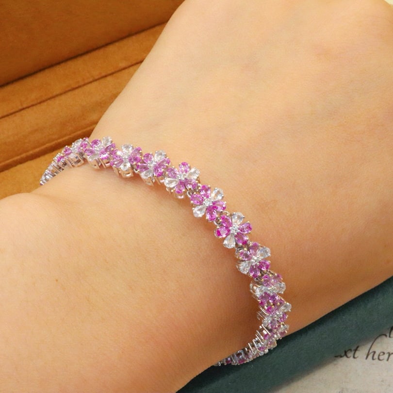 14k Gold 6.87 Ctw Natural Padparadscha Sapphire & Diamond Bracelet - 5