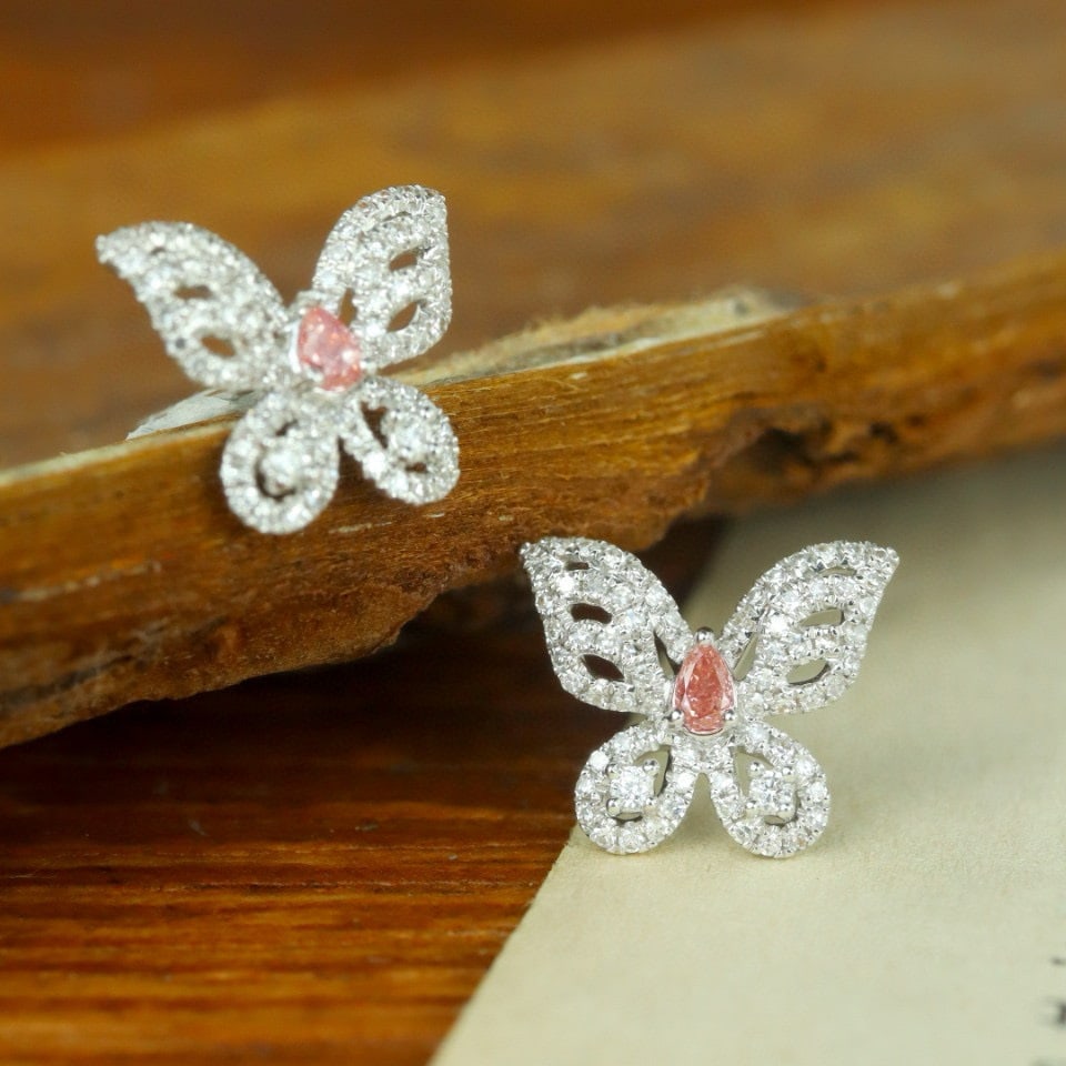 14k Gold 0.25 Ctw Natural Pink Diamond & Diamond & Butterfly Earrings: Ref:230976198 // gold content:14k gold // main gemstone:pink diamond // shape:pear // carat weight:0. 05ct // color:pink // treatment:natural // // adjacent gemstone 2 : diamond // shape:round //