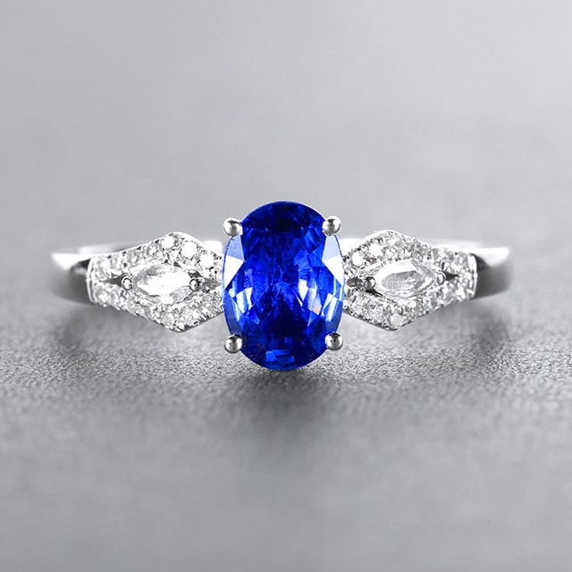 14k Gold 0.97 Ctw Natural Sapphire & Diamond Ring: Ref:230976250 // gold content:14k gold // ring size:7. 25us // // main gemstone:sapphire // shape:oval // carat weight:0. 86ct // color:cornflower blue // treatment:natural // // adjacent gemstone